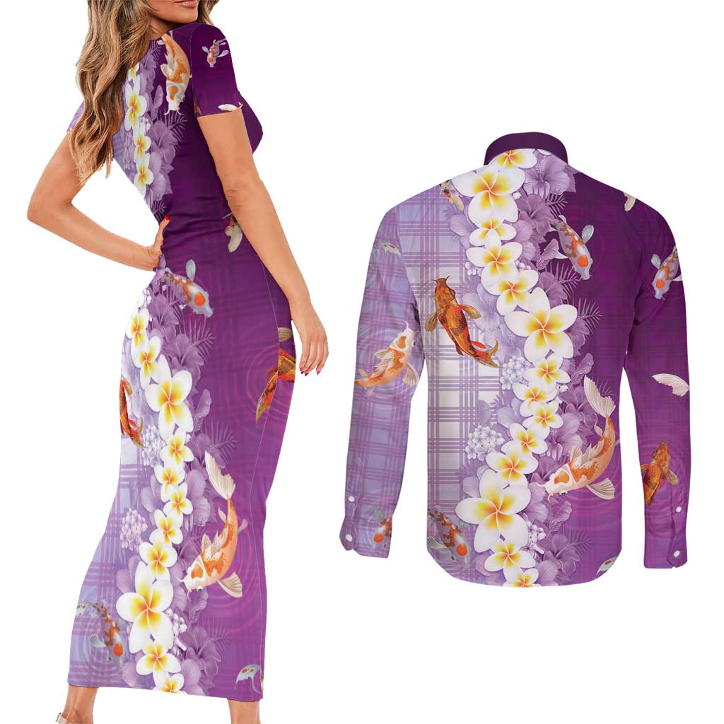 Hawaii And Japan Couples Matching Short Sleeve Bodycon Dress and Long Sleeve Button Shirt Plumeria Lei With Koi Fish Purple - Polynesian Pride
