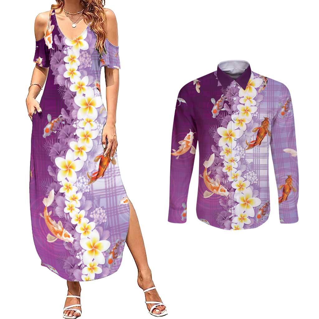 Hawaii And Japan Couples Matching Summer Maxi Dress and Long Sleeve Button Shirt Plumeria Lei With Koi Fish Purple - Polynesian Pride