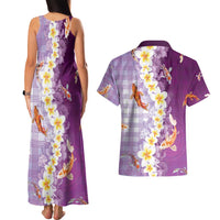 Hawaii And Japan Couples Matching Tank Maxi Dress and Hawaiian Shirt Plumeria Lei With Koi Fish Purple - Polynesian Pride