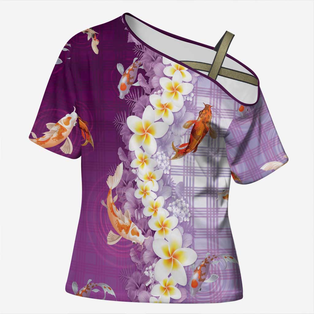 Hawaii And Japan Cross Shoulder Shirt Plumeria Lei With Koi Fish Purple - Polynesian Pride