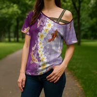 Hawaii And Japan Cross Shoulder Shirt Plumeria Lei With Koi Fish Purple - Polynesian Pride