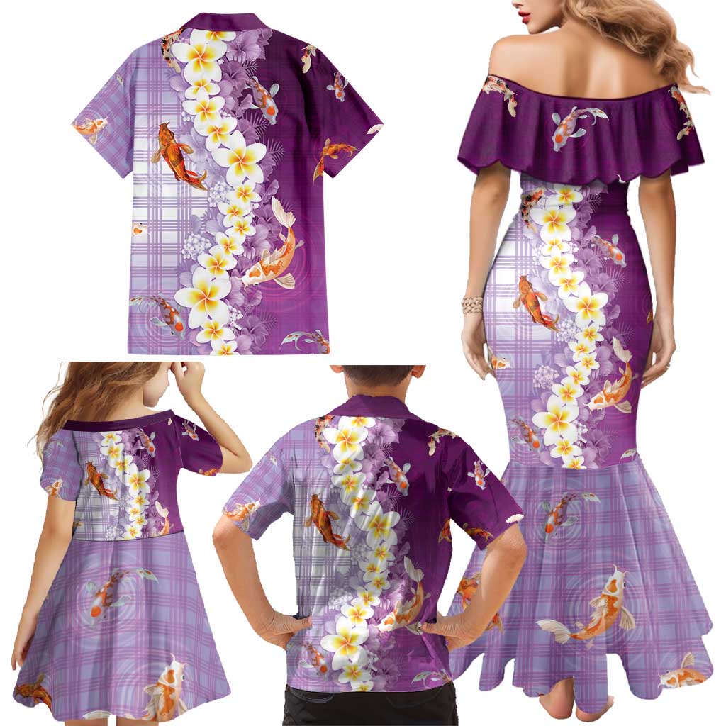 Hawaii And Japan Family Matching Mermaid Dress and Hawaiian Shirt Plumeria Lei With Koi Fish Purple - Polynesian Pride