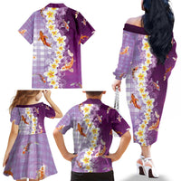 Hawaii And Japan Family Matching Off The Shoulder Long Sleeve Dress and Hawaiian Shirt Plumeria Lei With Koi Fish Purple - Polynesian Pride