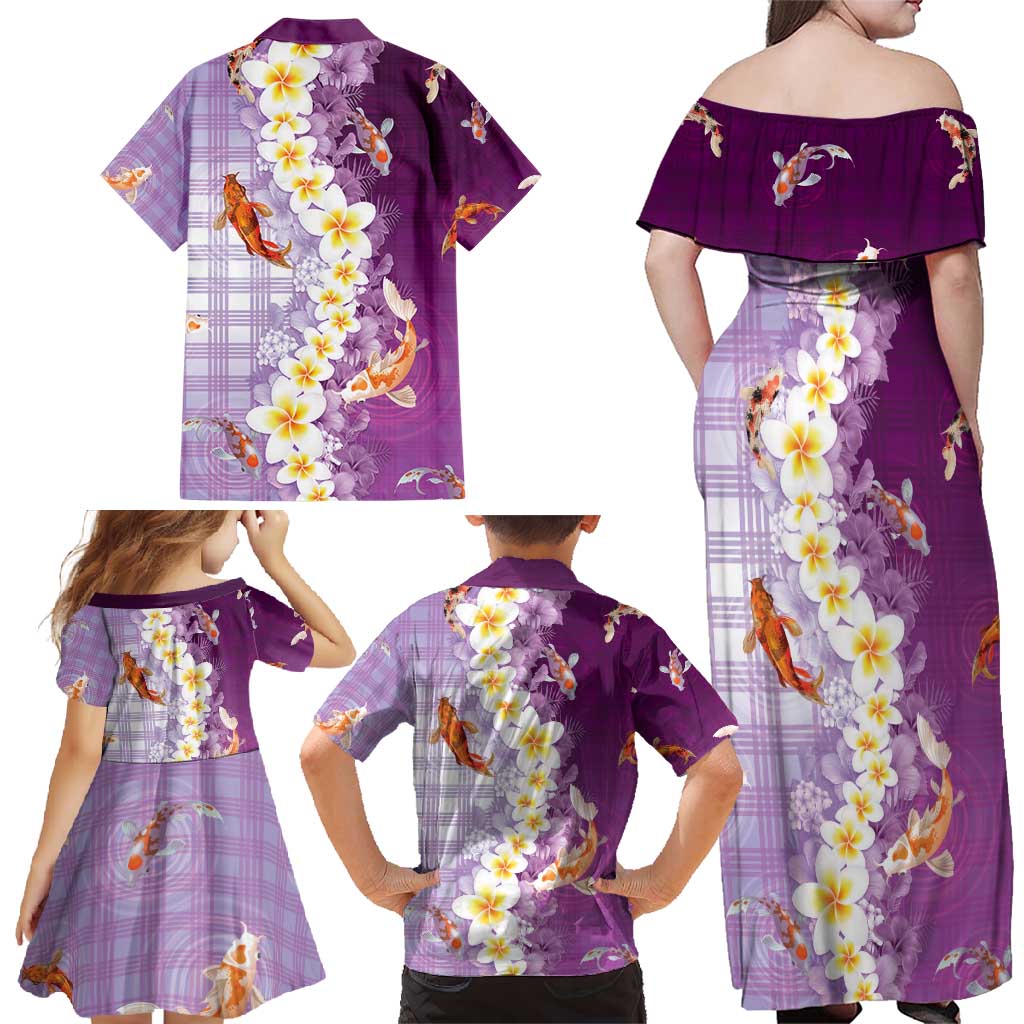 Hawaii And Japan Family Matching Off Shoulder Maxi Dress and Hawaiian Shirt Plumeria Lei With Koi Fish Purple - Polynesian Pride