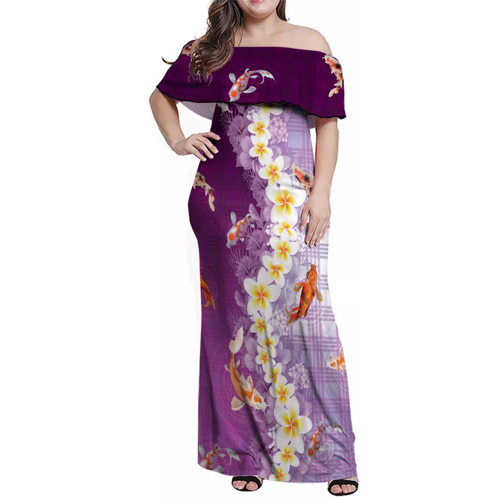 Hawaii And Japan Family Matching Off Shoulder Maxi Dress and Hawaiian Shirt Plumeria Lei With Koi Fish Purple - Polynesian Pride