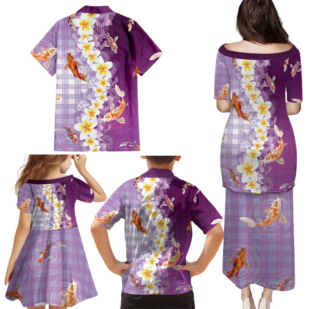 Hawaii And Japan Family Matching Puletasi and Hawaiian Shirt Plumeria Lei With Koi Fish Purple LT05 - Polynesian Pride