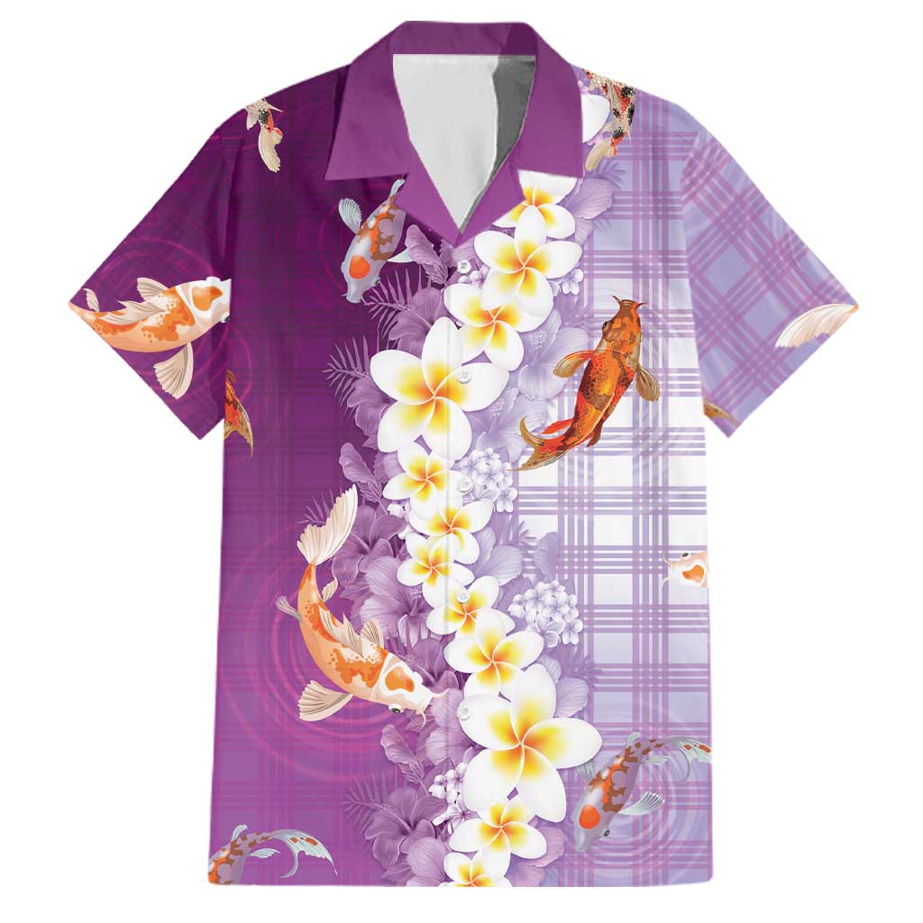 Hawaii And Japan Family Matching Puletasi and Hawaiian Shirt Plumeria Lei With Koi Fish Purple LT05 Dad's Shirt - Short Sleeve Purple - Polynesian Pride
