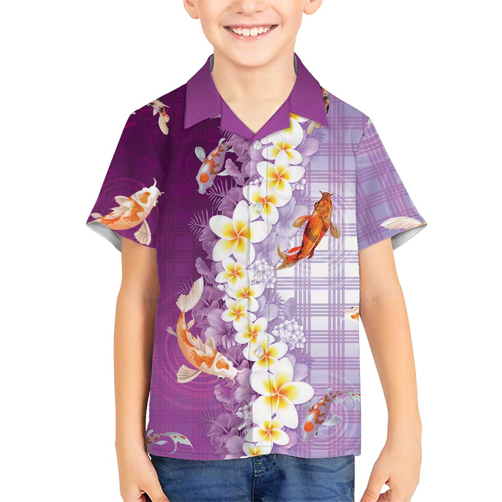 Hawaii And Japan Family Matching Puletasi and Hawaiian Shirt Plumeria Lei With Koi Fish Purple LT05 Son's Shirt Purple - Polynesian Pride