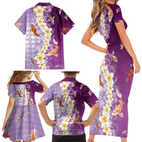 Hawaii And Japan Family Matching Short Sleeve Bodycon Dress and Hawaiian Shirt Plumeria Lei With Koi Fish Purple - Polynesian Pride