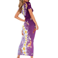 Hawaii And Japan Family Matching Short Sleeve Bodycon Dress and Hawaiian Shirt Plumeria Lei With Koi Fish Purple - Polynesian Pride