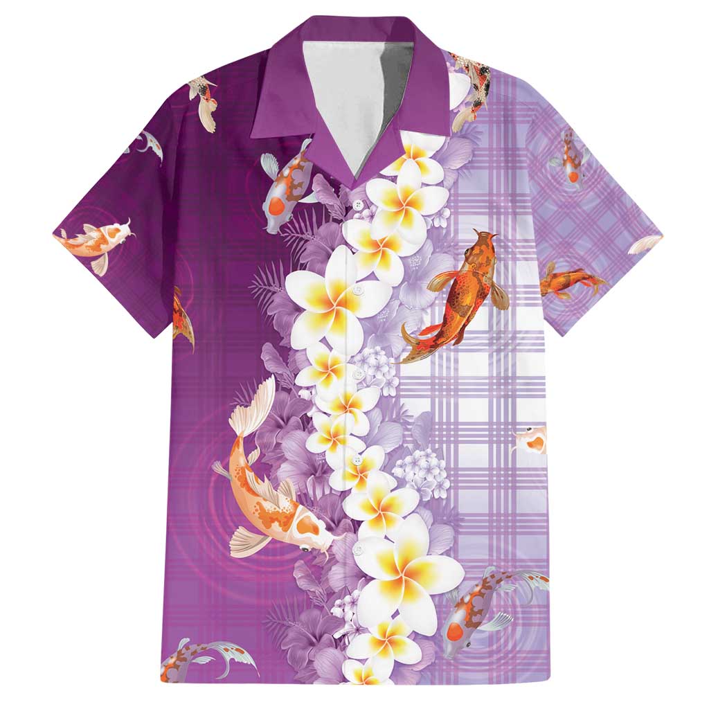Hawaii And Japan Family Matching Summer Maxi Dress and Hawaiian Shirt Plumeria Lei With Koi Fish Purple - Polynesian Pride