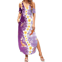 Hawaii And Japan Family Matching Summer Maxi Dress and Hawaiian Shirt Plumeria Lei With Koi Fish Purple - Polynesian Pride
