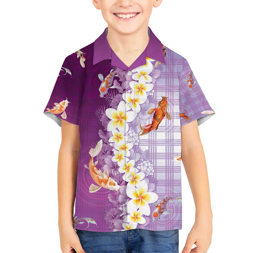 Hawaii And Japan Family Matching Summer Maxi Dress and Hawaiian Shirt Plumeria Lei With Koi Fish Purple - Polynesian Pride
