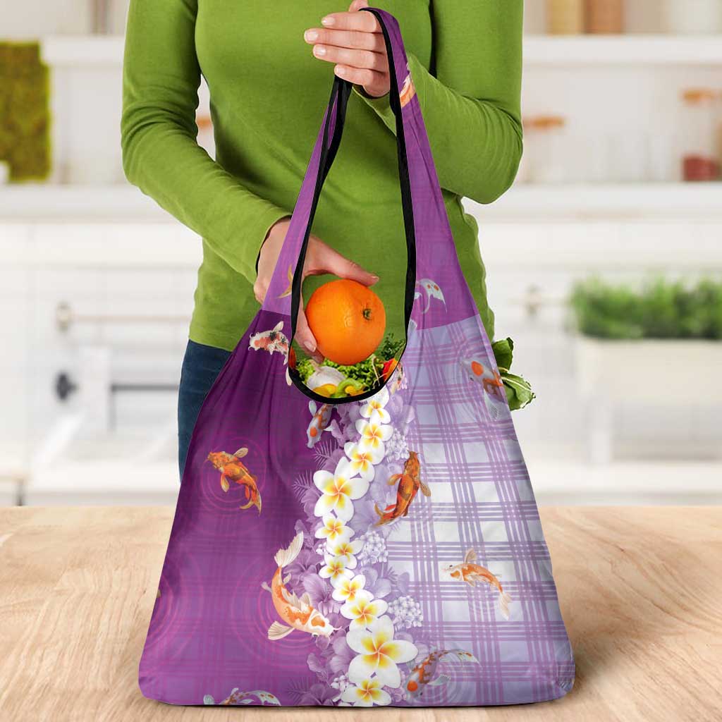 Hawaii And Japan Grocery Bag Plumeria Lei With Koi Fish Purple - Polynesian Pride