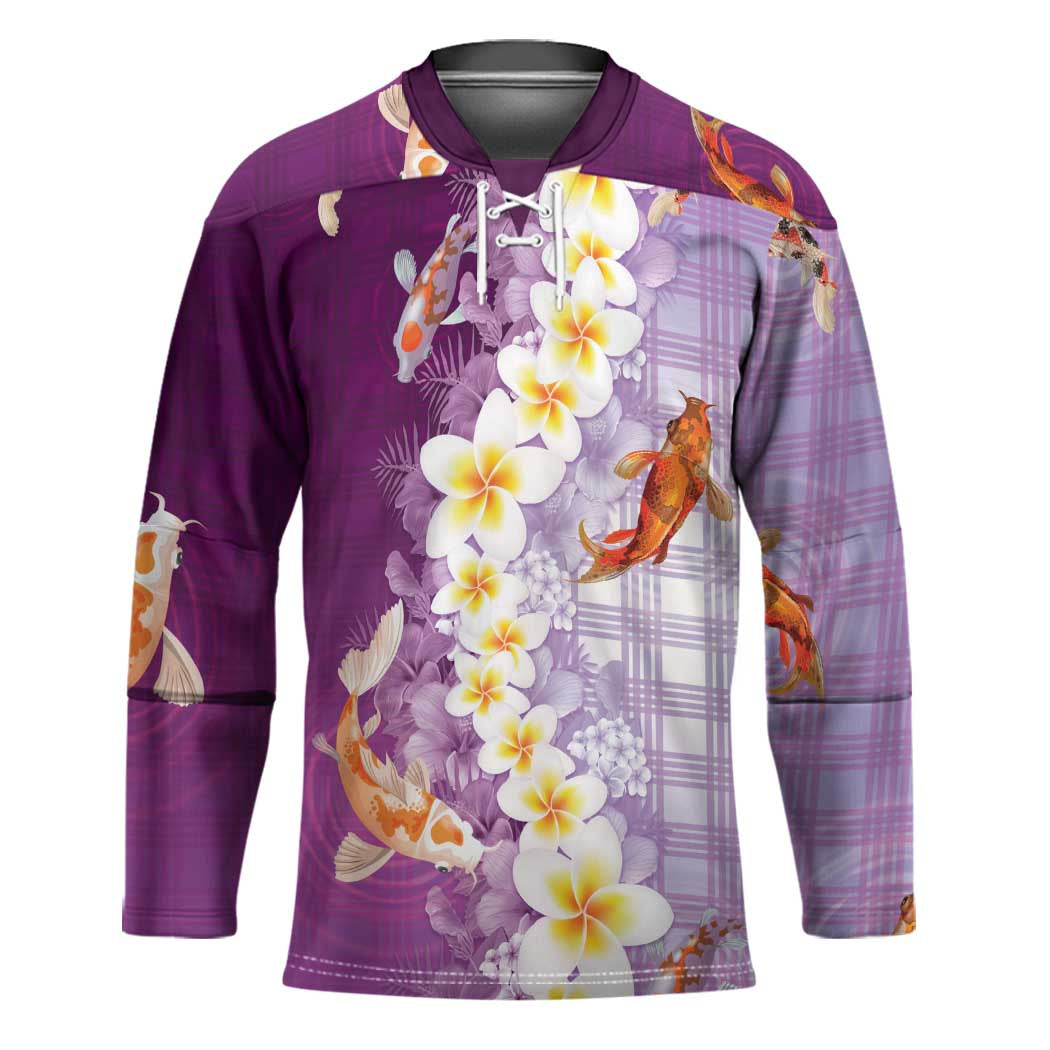 Hawaii And Japan Hockey Jersey Plumeria Lei With Koi Fish Purple - Polynesian Pride