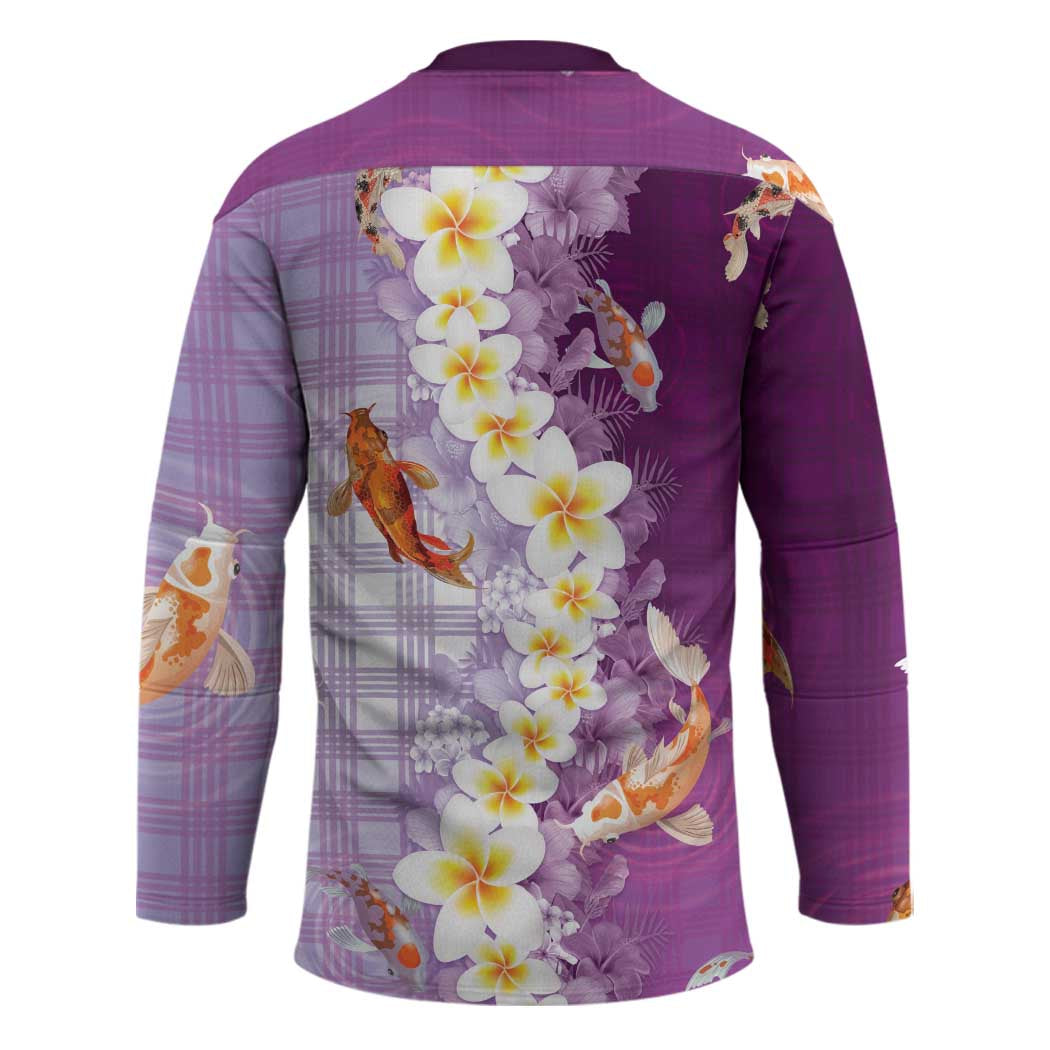Hawaii And Japan Hockey Jersey Plumeria Lei With Koi Fish Purple - Polynesian Pride