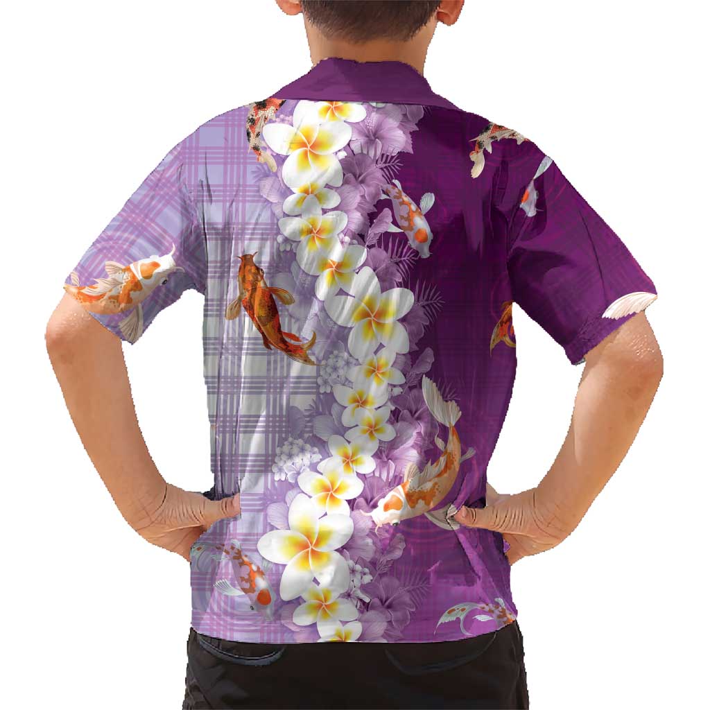 Hawaii And Japan Kid Hawaiian Shirt Plumeria Lei With Koi Fish Purple LT05 - Polynesian Pride