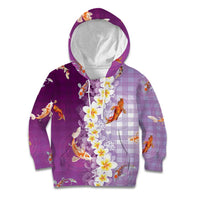 Hawaii And Japan Kid Hoodie Plumeria Lei With Koi Fish Purple - Polynesian Pride