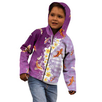 Hawaii And Japan Kid Hoodie Plumeria Lei With Koi Fish Purple - Polynesian Pride