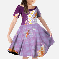 Hawaii And Japan Kid Short Sleeve Dress Plumeria Lei With Koi Fish Purple - Polynesian Pride