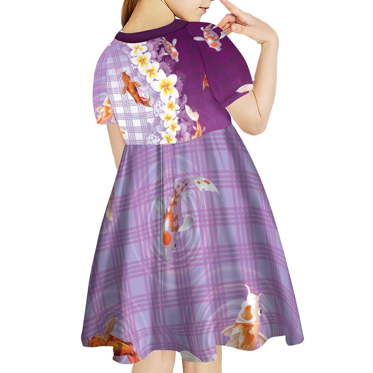 Hawaii And Japan Kid Short Sleeve Dress Plumeria Lei With Koi Fish Purple - Polynesian Pride