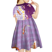 Hawaii And Japan Kid Short Sleeve Dress Plumeria Lei With Koi Fish Purple - Polynesian Pride