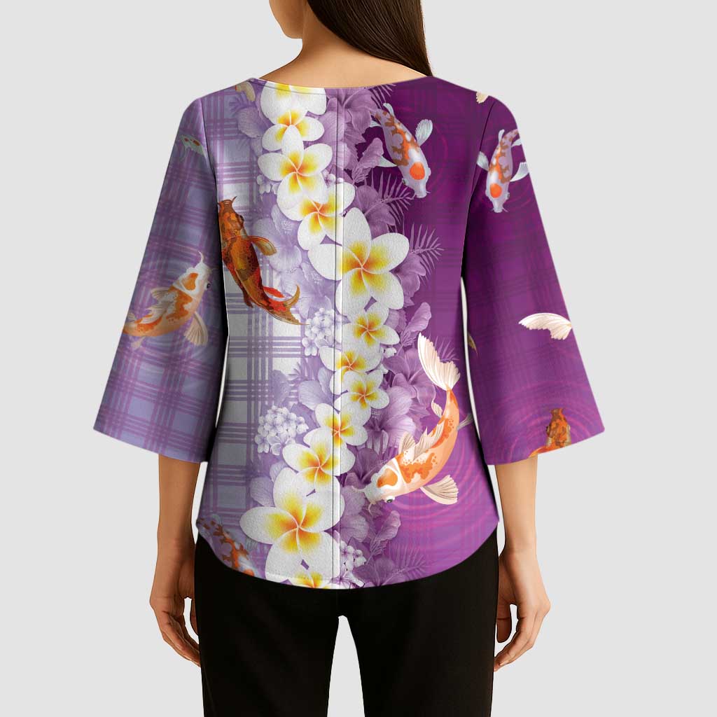 Hawaii And Japan Kimono Sleeve Blouse Plumeria Lei With Koi Fish Purple - Polynesian Pride