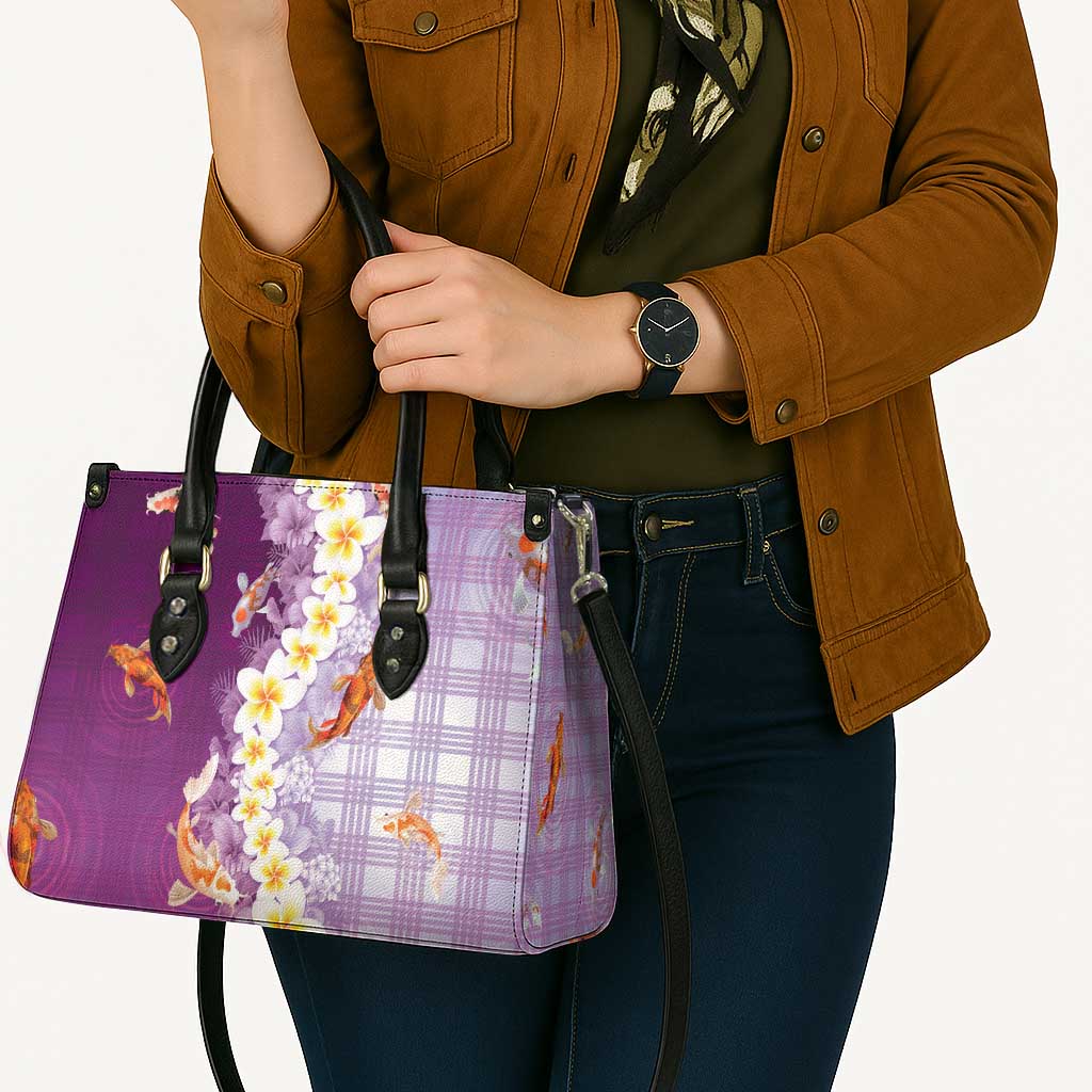 Hawaii And Japan Leather Bag Plumeria Lei With Koi Fish Purple - Polynesian Pride