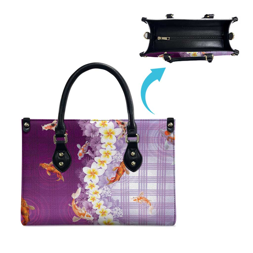 Hawaii And Japan Leather Bag Plumeria Lei With Koi Fish Purple - Polynesian Pride