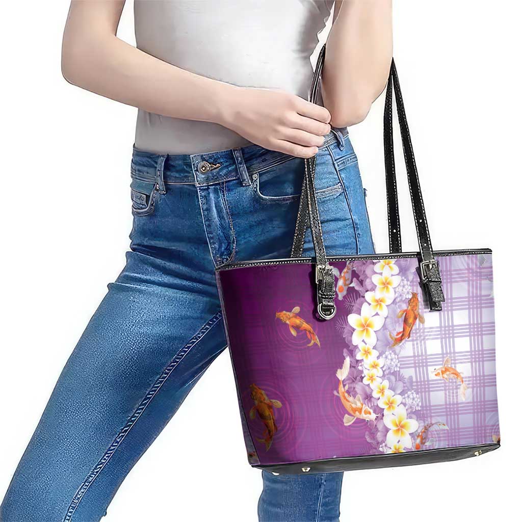 Hawaii And Japan Leather Tote Bag Plumeria Lei With Koi Fish Purple - Polynesian Pride
