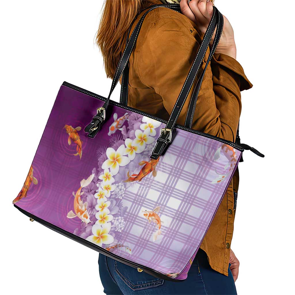 Hawaii And Japan Leather Tote Bag Plumeria Lei With Koi Fish Purple - Polynesian Pride