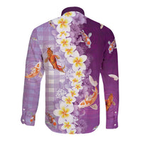 Hawaii And Japan Long Sleeve Button Shirt Plumeria Lei With Koi Fish Purple - Polynesian Pride