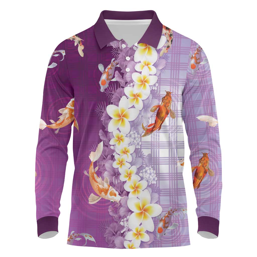 Hawaii And Japan Long Sleeve Polo Shirt Plumeria Lei With Koi Fish Purple - Polynesian Pride
