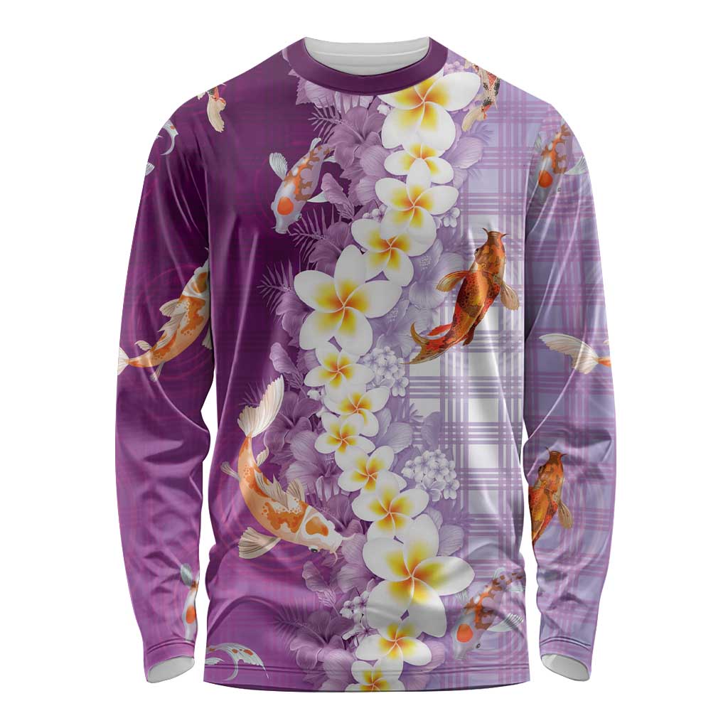 Hawaii And Japan Long Sleeve Shirt Plumeria Lei With Koi Fish Purple - Polynesian Pride
