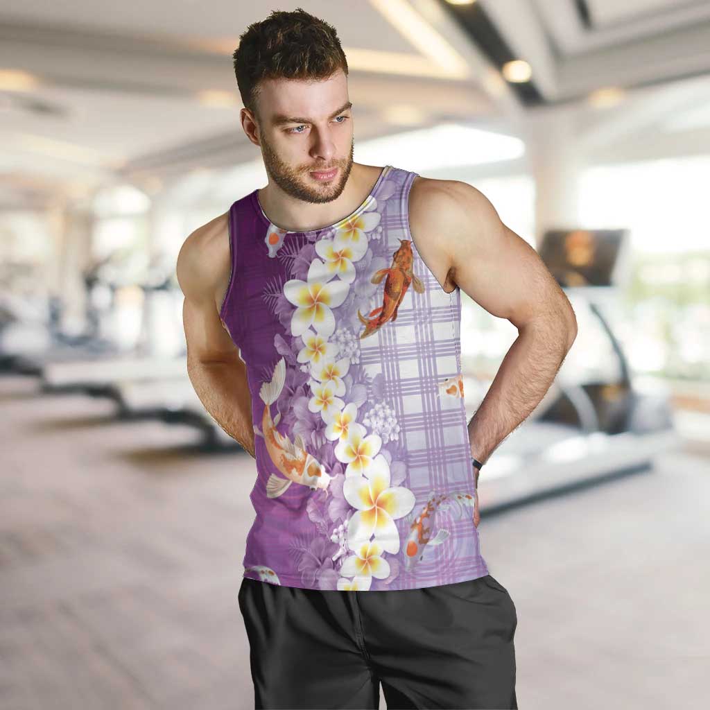 Hawaii And Japan Men Tank Top Plumeria Lei With Koi Fish Purple - Polynesian Pride