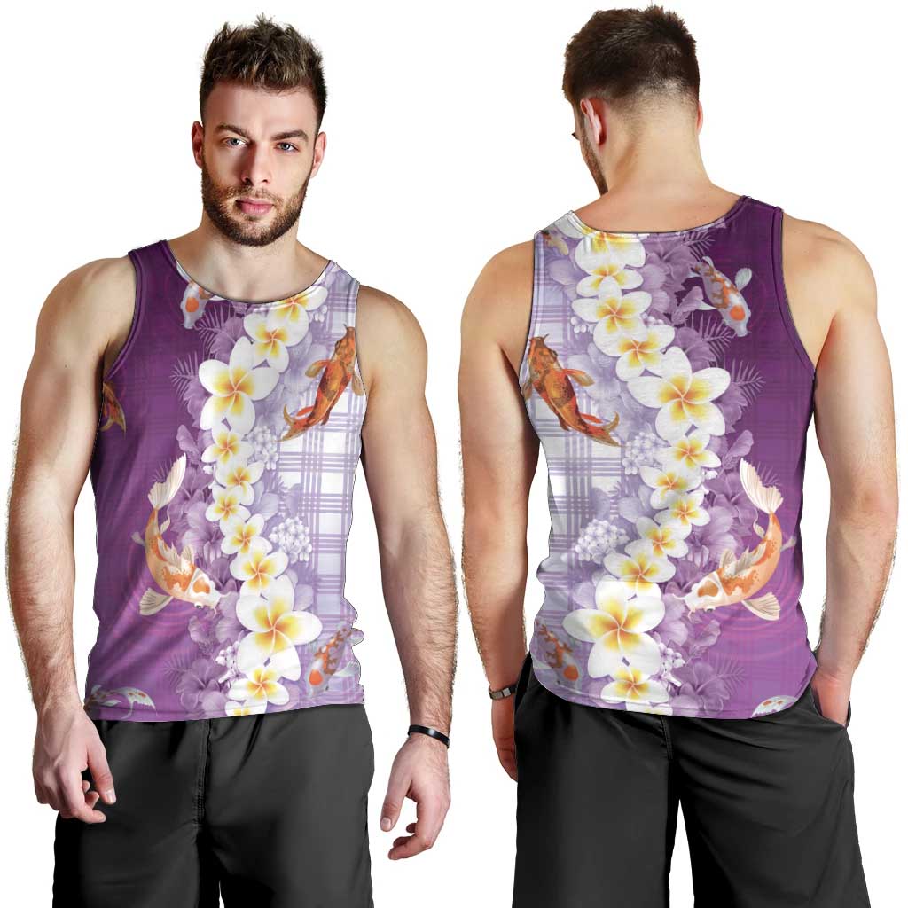 Hawaii And Japan Men Tank Top Plumeria Lei With Koi Fish Purple - Polynesian Pride