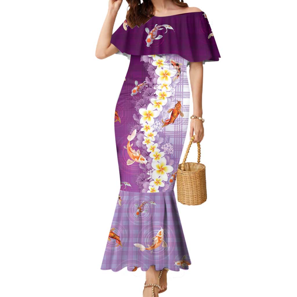 Hawaii And Japan Mermaid Dress Plumeria Lei With Koi Fish Purple - Polynesian Pride