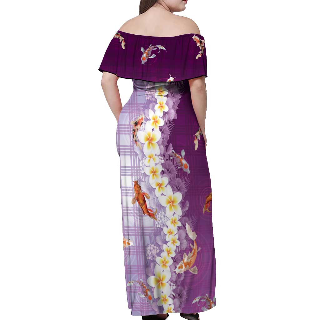 Hawaii And Japan Off Shoulder Maxi Dress Plumeria Lei With Koi Fish Purple - Polynesian Pride