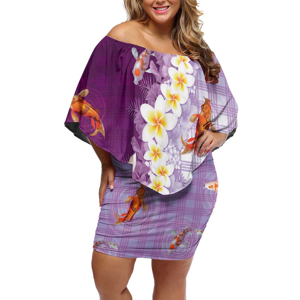 Hawaii And Japan Off Shoulder Short Dress Plumeria Lei With Koi Fish Purple - Polynesian Pride