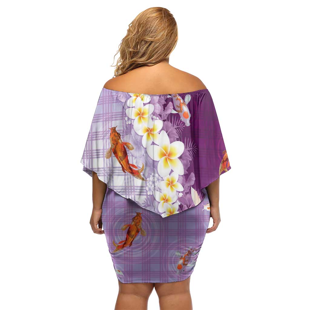Hawaii And Japan Off Shoulder Short Dress Plumeria Lei With Koi Fish Purple - Polynesian Pride