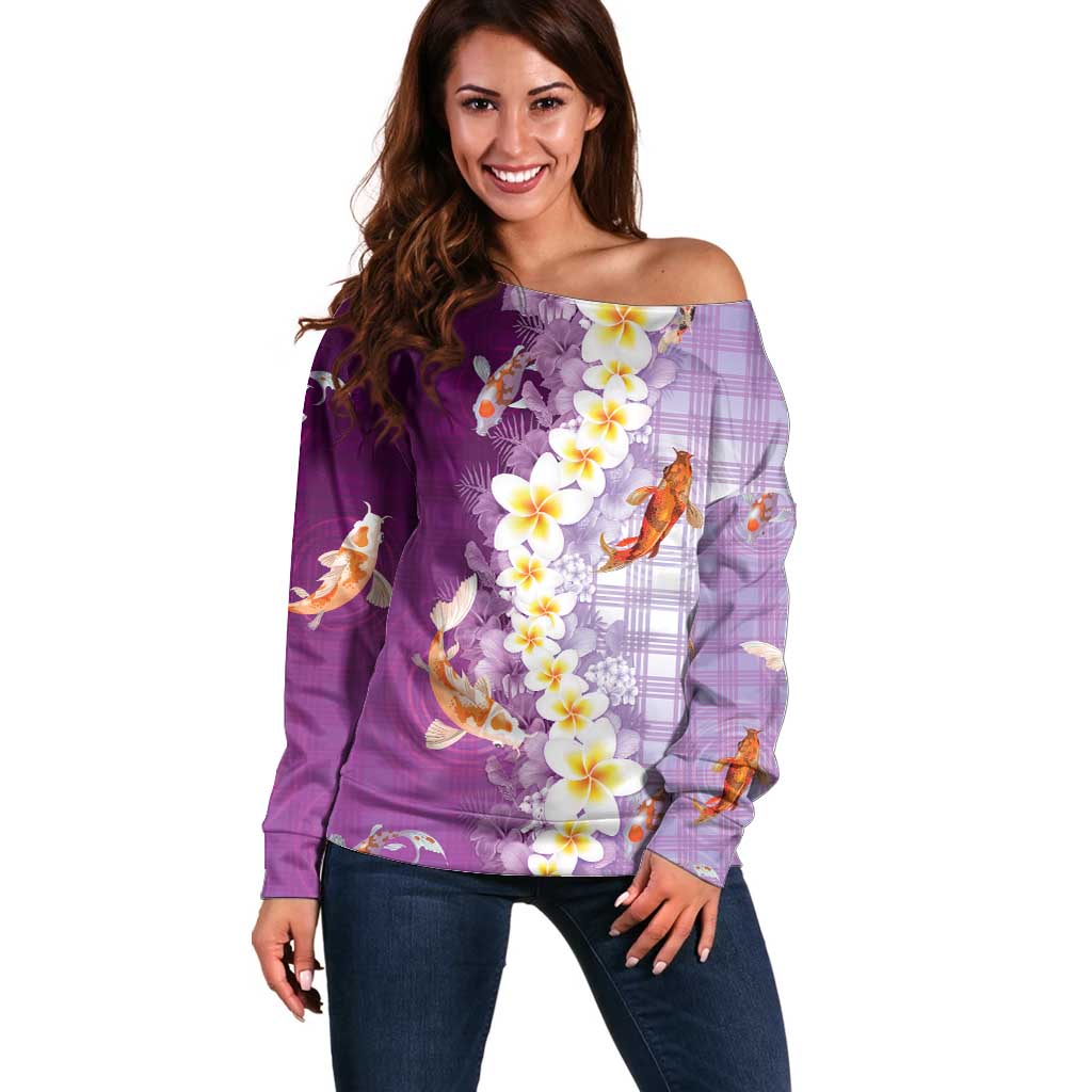 Hawaii And Japan Off Shoulder Sweater Plumeria Lei With Koi Fish Purple - Polynesian Pride