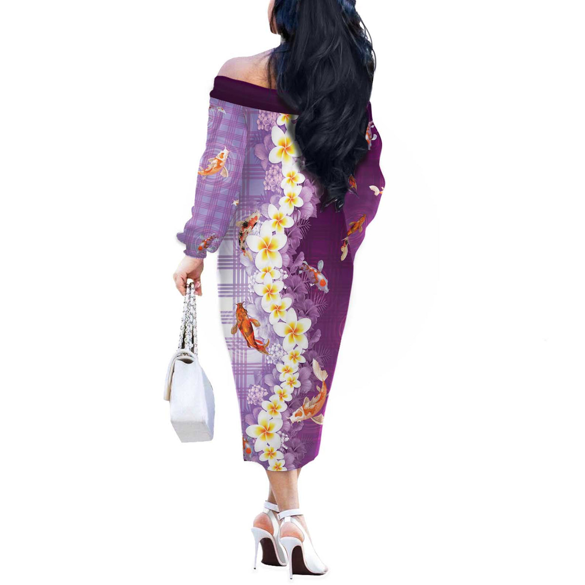 Hawaii And Japan Off The Shoulder Long Sleeve Dress Plumeria Lei With Koi Fish Purple - Polynesian Pride