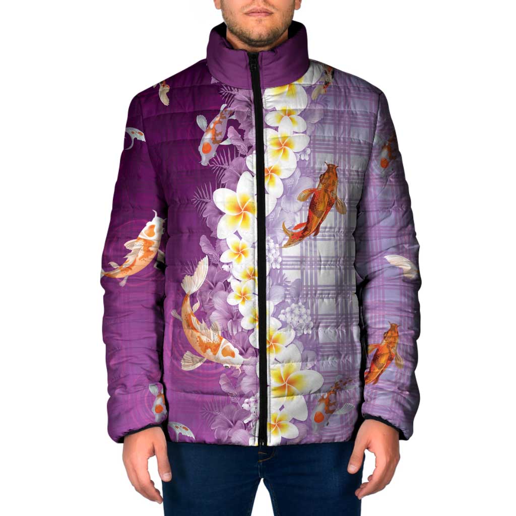 Hawaii And Japan Padded Jacket Plumeria Lei With Koi Fish Purple - Polynesian Pride