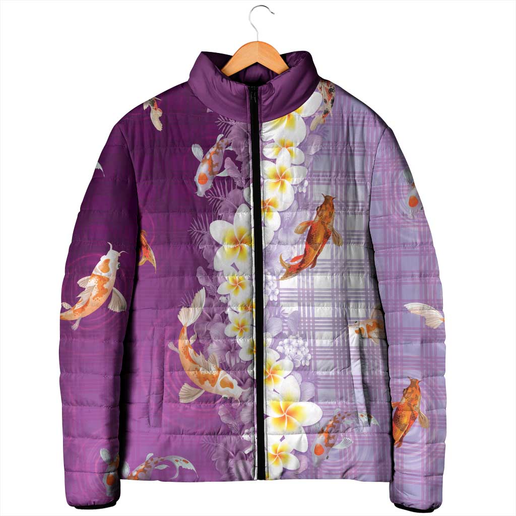 Hawaii And Japan Padded Jacket Plumeria Lei With Koi Fish Purple - Polynesian Pride