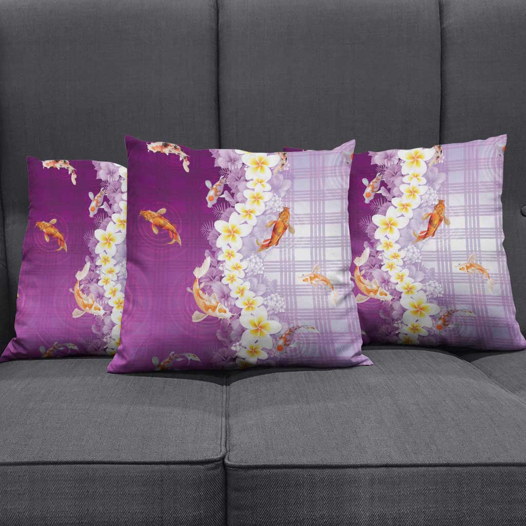 Hawaii And Japan Pillow Cover Plumeria Lei With Koi Fish Purple - Polynesian Pride