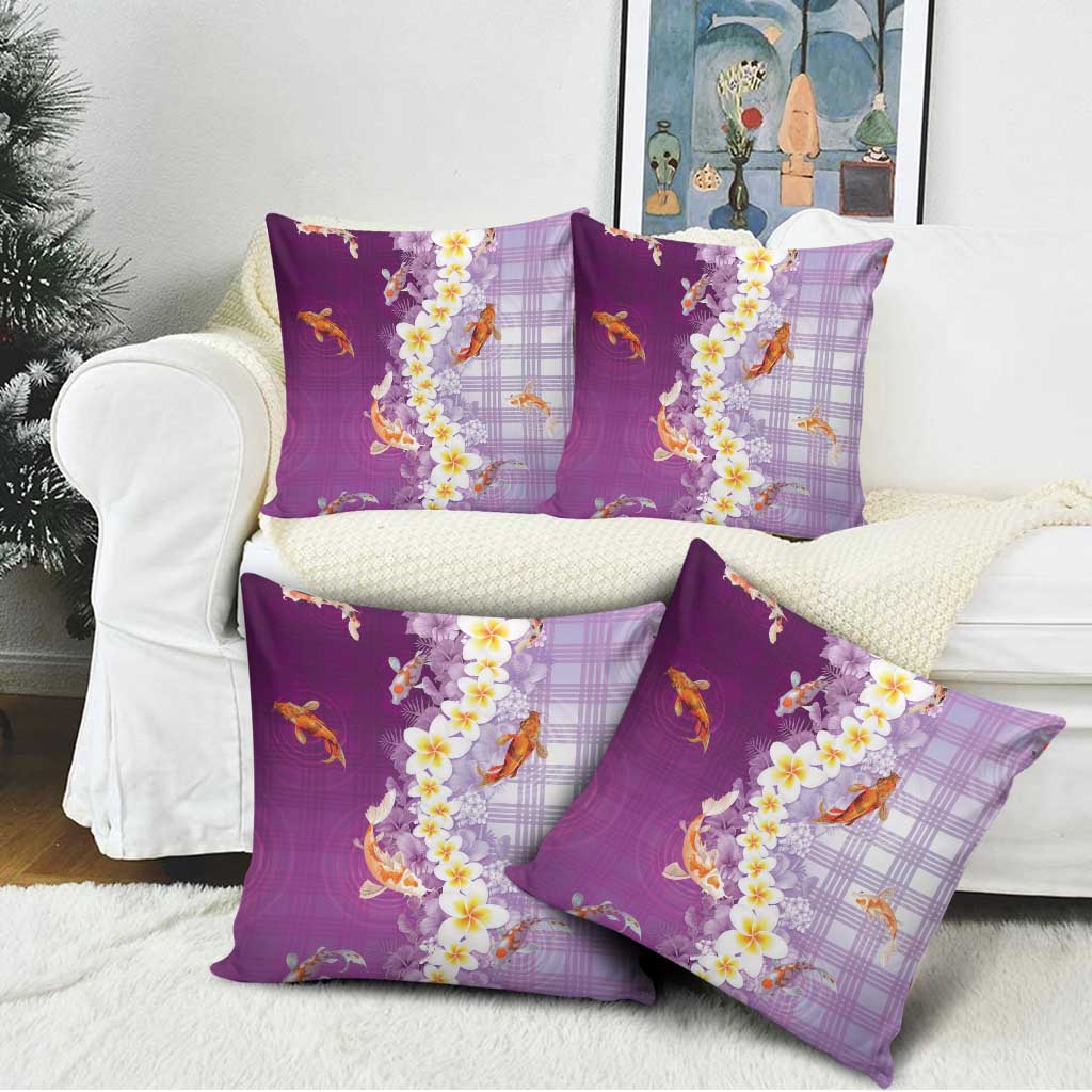 Hawaii And Japan Pillow Cover Plumeria Lei With Koi Fish Purple - Polynesian Pride