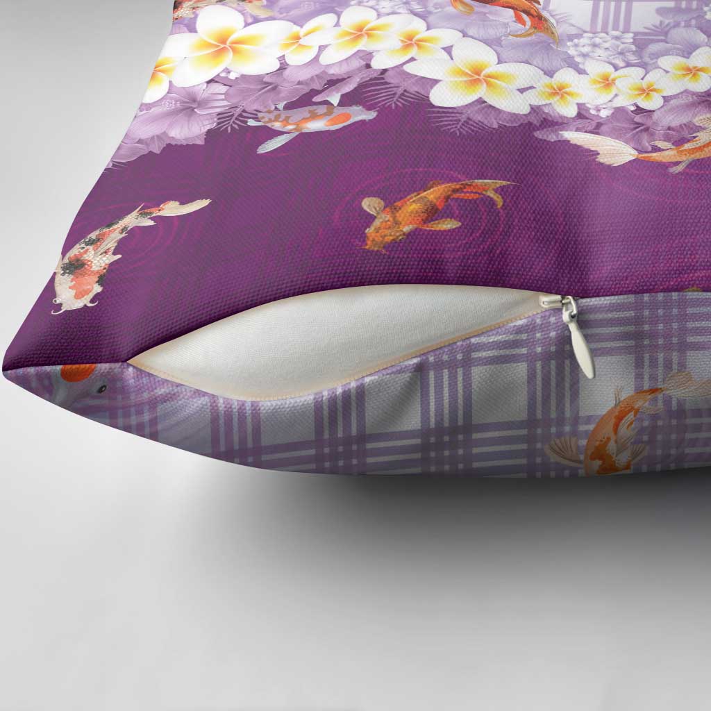 Hawaii And Japan Pillow Cover Plumeria Lei With Koi Fish Purple - Polynesian Pride