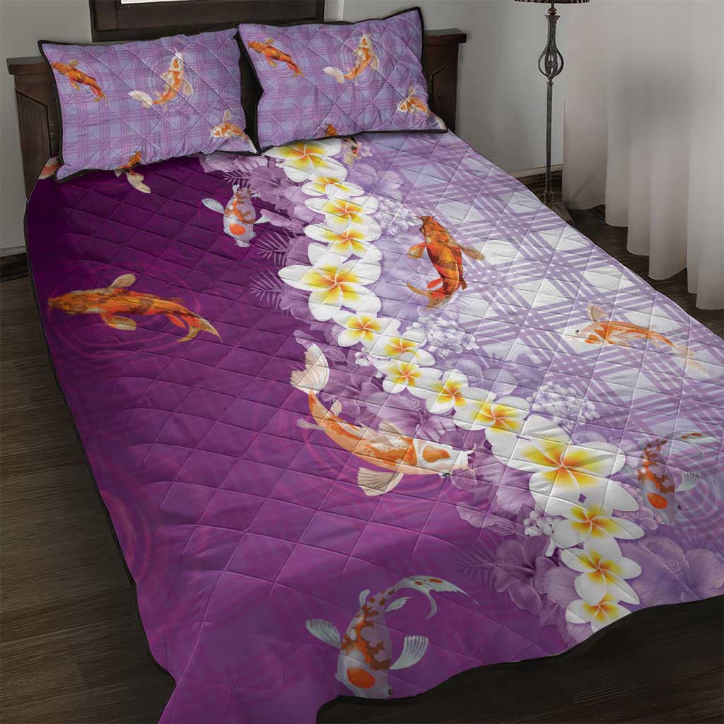 Hawaii And Japan Quilt Bed Set Plumeria Lei With Koi Fish Purple - Polynesian Pride