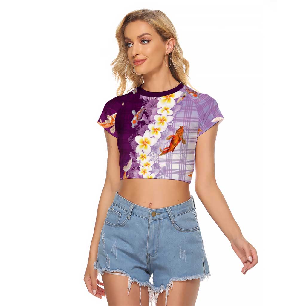 Hawaii And Japan Raglan Cropped T Shirt Plumeria Lei With Koi Fish Purple - Polynesian Pride