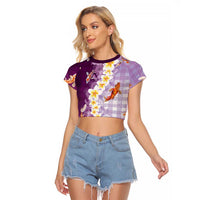 Hawaii And Japan Raglan Cropped T Shirt Plumeria Lei With Koi Fish Purple - Polynesian Pride